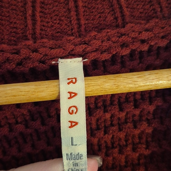 NWT Raga Open Cardigan Fringe Cherry Red Knit Drop Shoulder Boxy Size Large - Picture 8 of 10